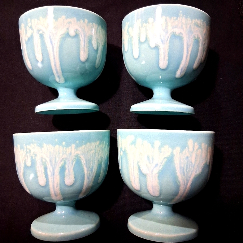 Antique Dessert Cups Drippy Celadon Ice Cream Sorbet Pudding Bowls Footed Glazed